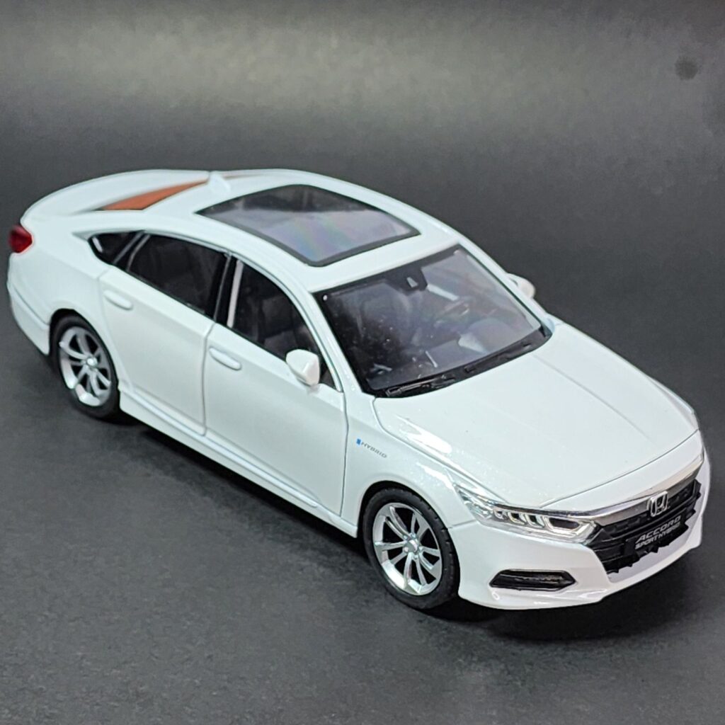 White 1:24 scale Honda Accord Hybrid die-cast model car with all doors, hood, and trunk open, showing the detailed engine and interior. Khilone for kids