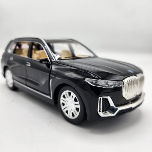 Black 1:24 scale BMW X7 luxury SUV die-cast model car with all four doors open, featuring a chrome kidney grille and beige interior. Khilone for kids