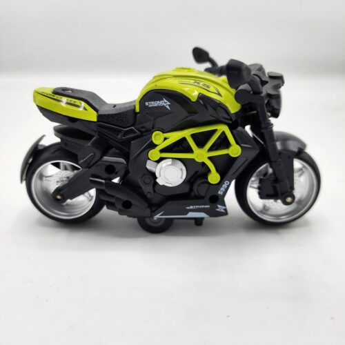 Vibrant lime green and black sport motorcycle die-cast model with detailed frame and engine on a white background. Khilone for kids
