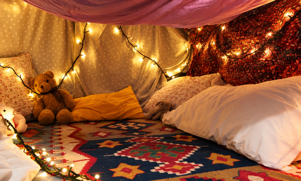 Cozy blanket fort with pillows, teddy bears, colourful rugs, and warm fairy lights creating a fun indoor kids’ hideaway.