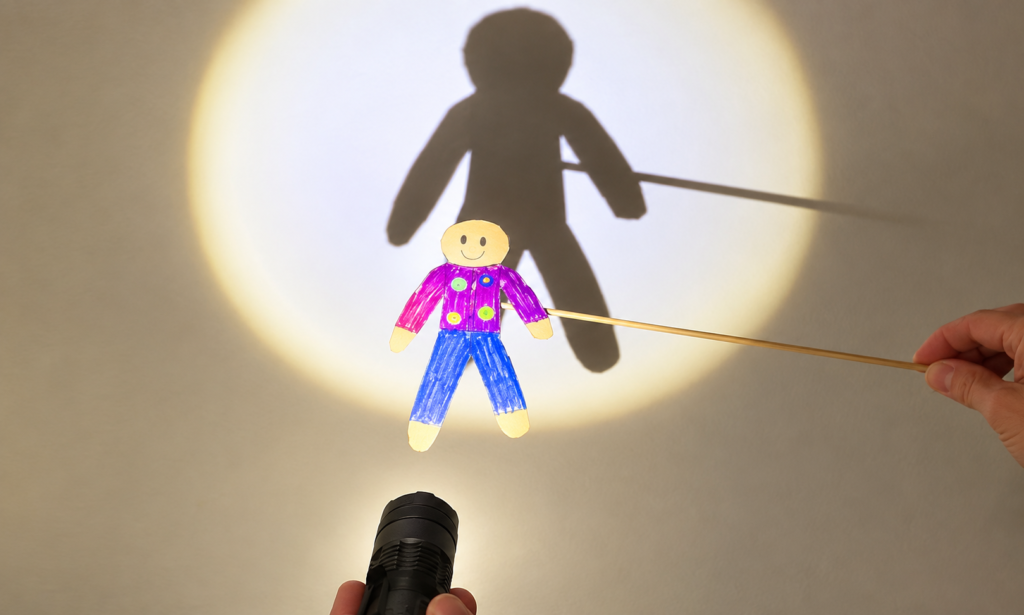 Handmade paper puppet casting a large shadow on a wall with a flashlight for a fun shadow play activity.